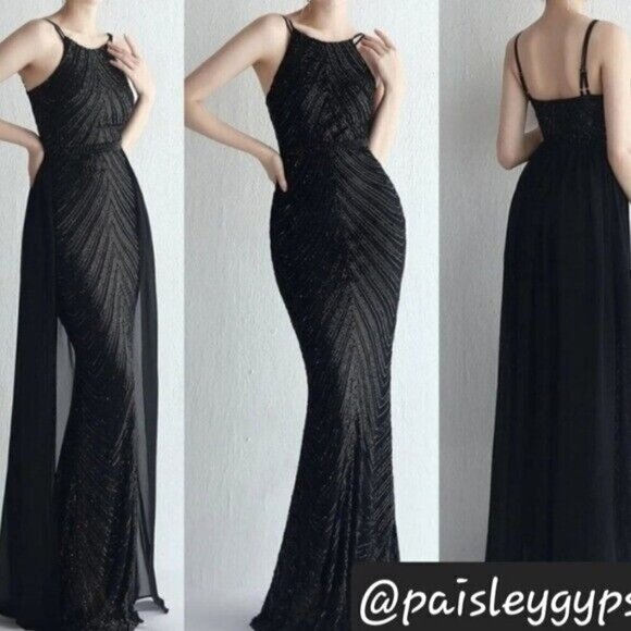 Black, O Neck Sleeveless,  Detachable Skirt, Contrast Sequined Mermaid G… - Picture 2 of 13